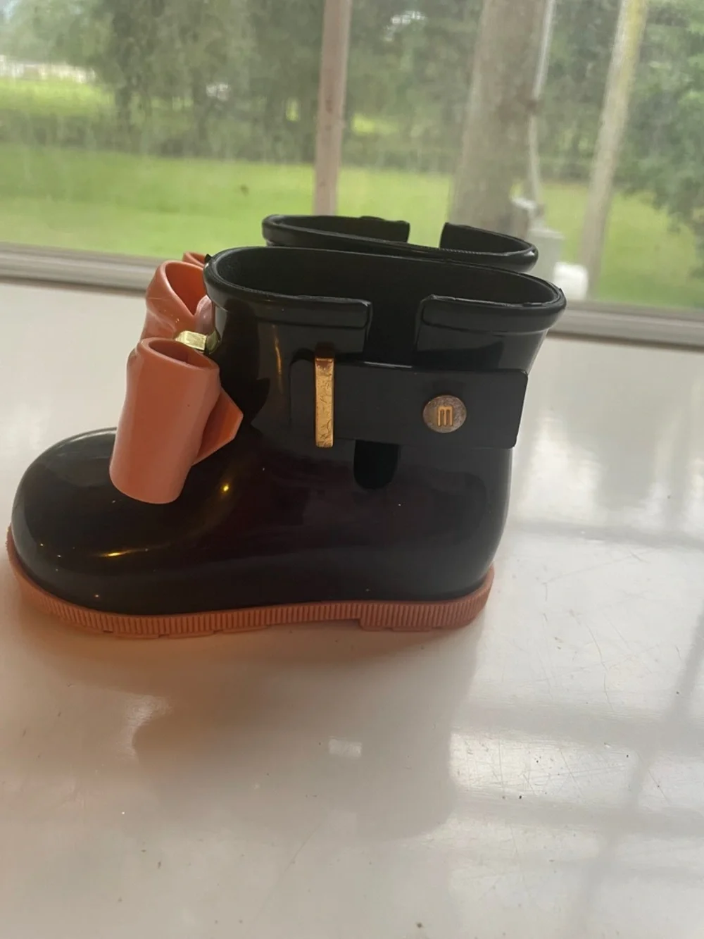 Mini Melissa Black Rain Boots with Pink Bow Accent